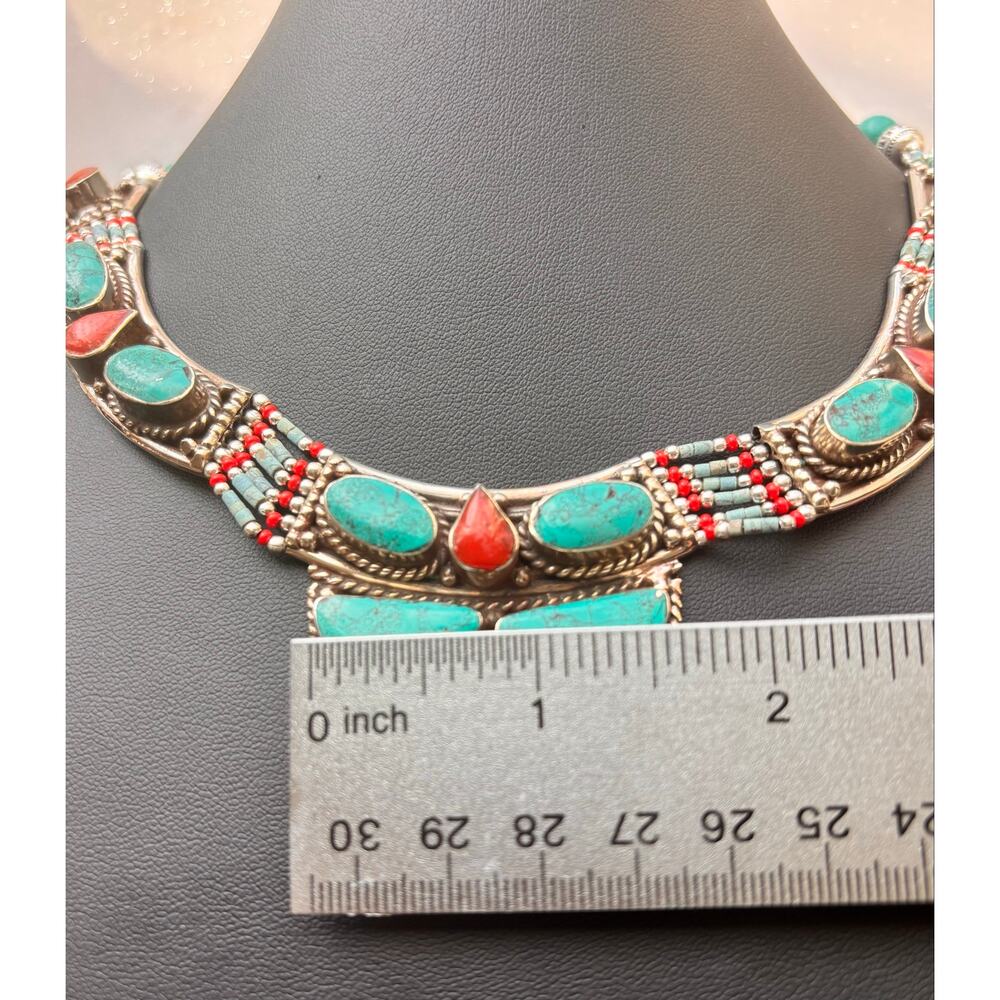 925 Sterling Tibetan Turquoise & Red Coral Necklace 19" - Picture 4 of 11